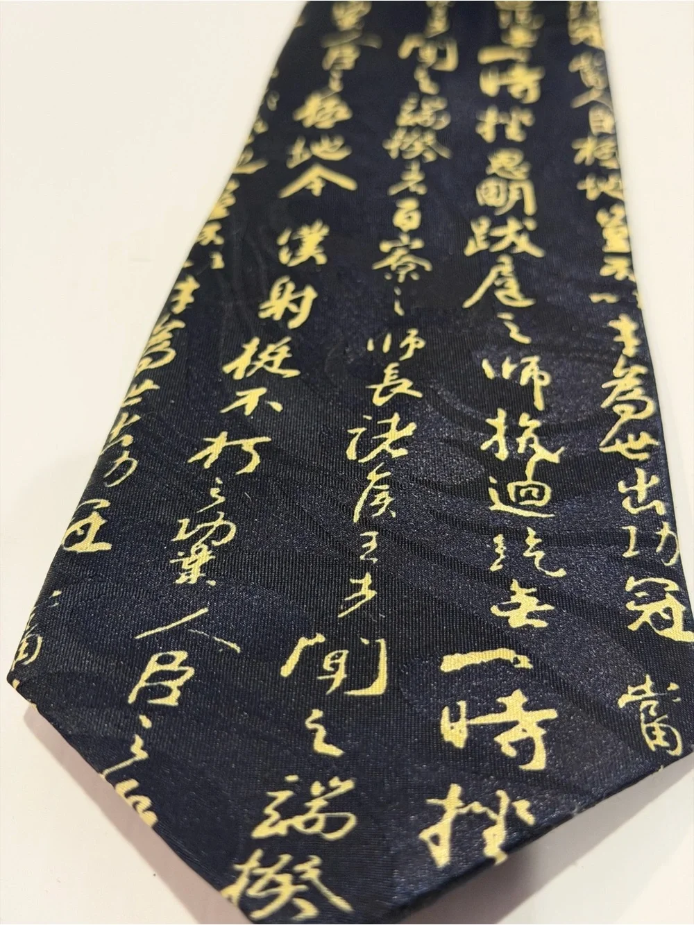 GOLD CITY Hand Made Navy Blue Necktie Tie Chinese Calligraphy Printed Silk